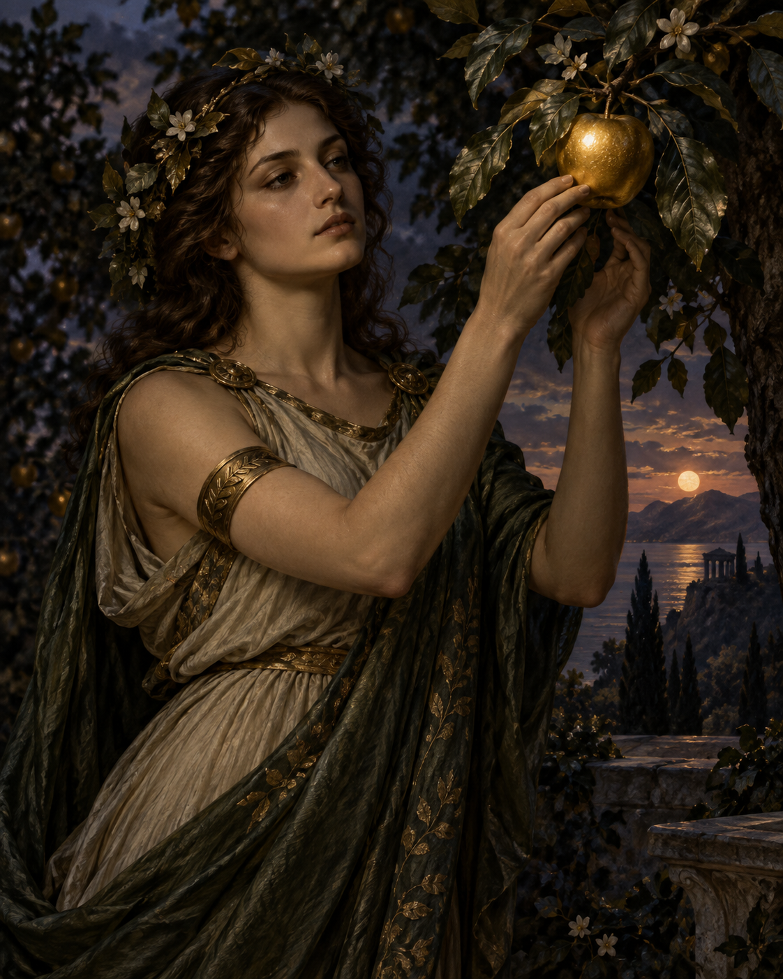 Aegle, Hesperid nymph tending a single golden apple in a twilight orchard, evening sky and dark leaves.