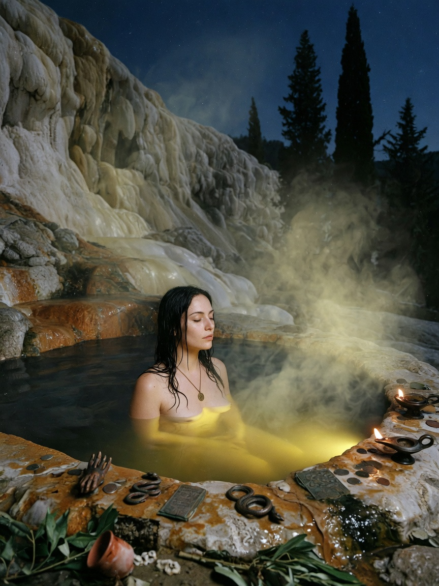 Albunea, a Roman spring nymph, emerging from dark sulphurous water near travertine cliffs with votive bronze and pale mist.