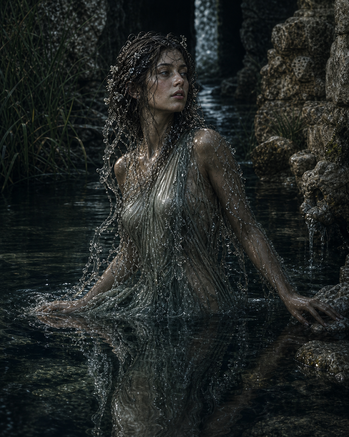 Arethusa as a freshwater nymph beside a dark spring, with rippling silver water and Sicilian stone.