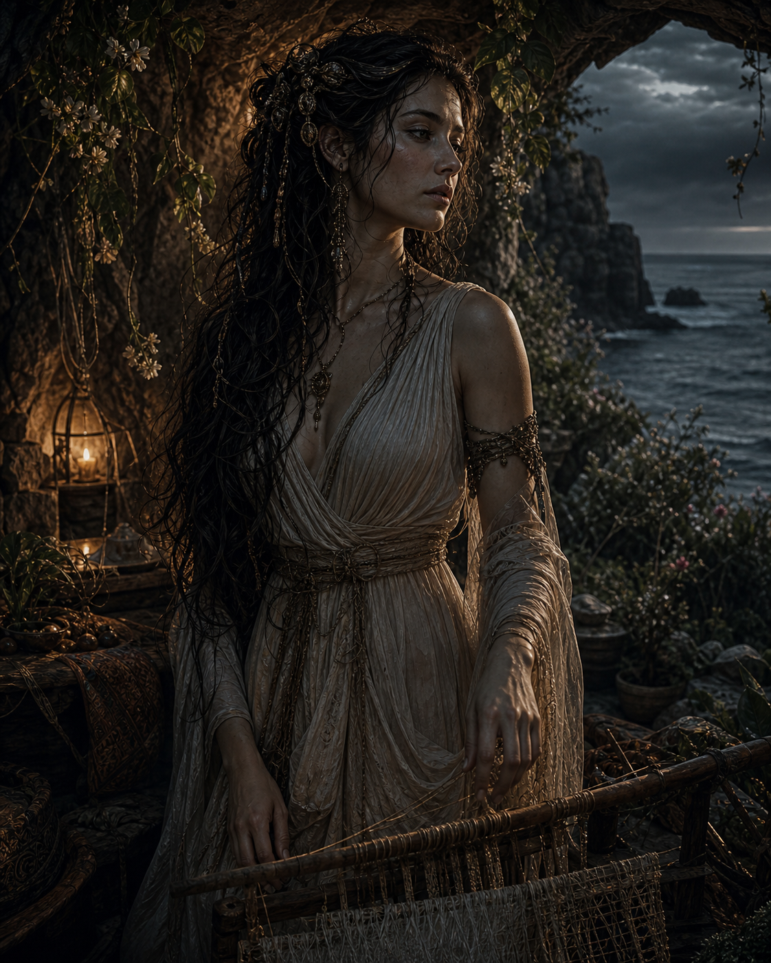 Calypso in a shadowed island cave garden, surrounded by dark sea, luminous plants, and bronze-gold light.