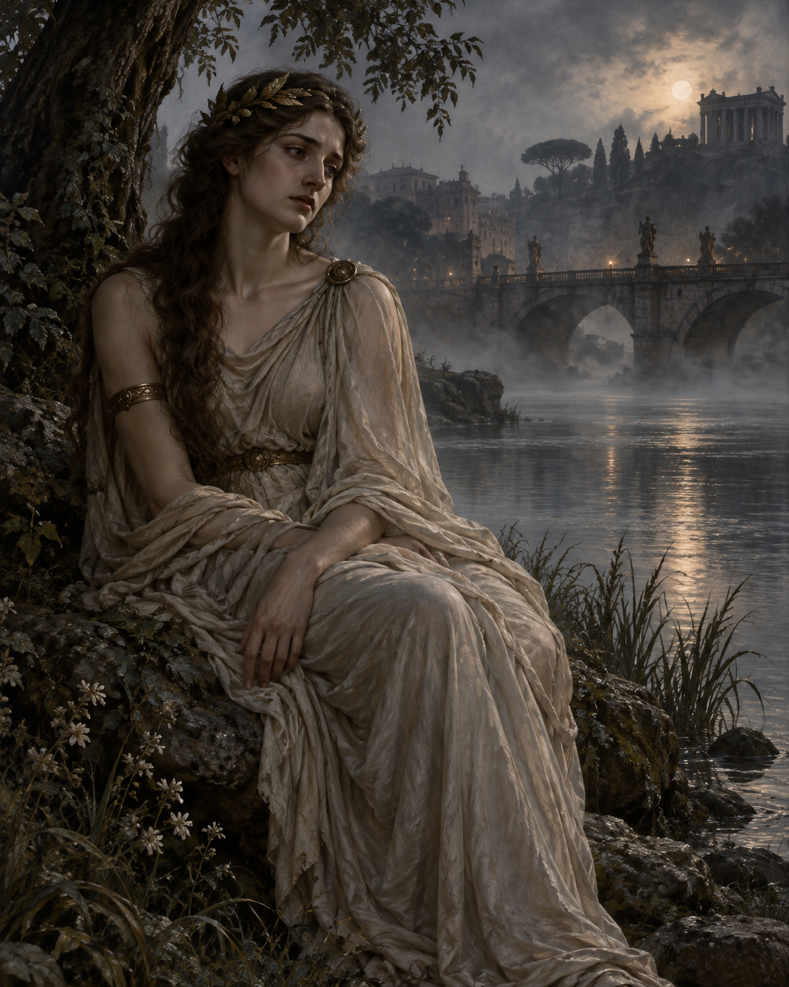 Canens, Roman singing nymph alone beside the Tiber, pale mist softening her draped outline, sorrowful and quiet.
