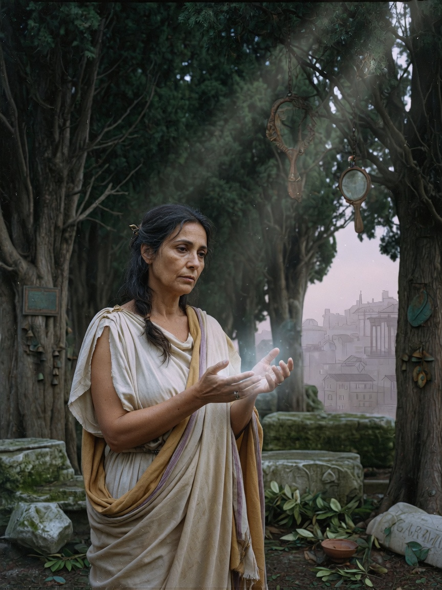 Carmenta, a Roman prophetess nymph, standing in a dark grove with pale writing-light, archaic bronze, and the shadow of an unbuilt city.