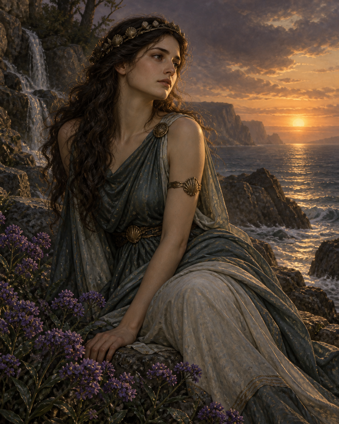 Clytie, Oceanid nymph looking toward a low sun, purple heliotrope flowers at her feet, no sunflowers.