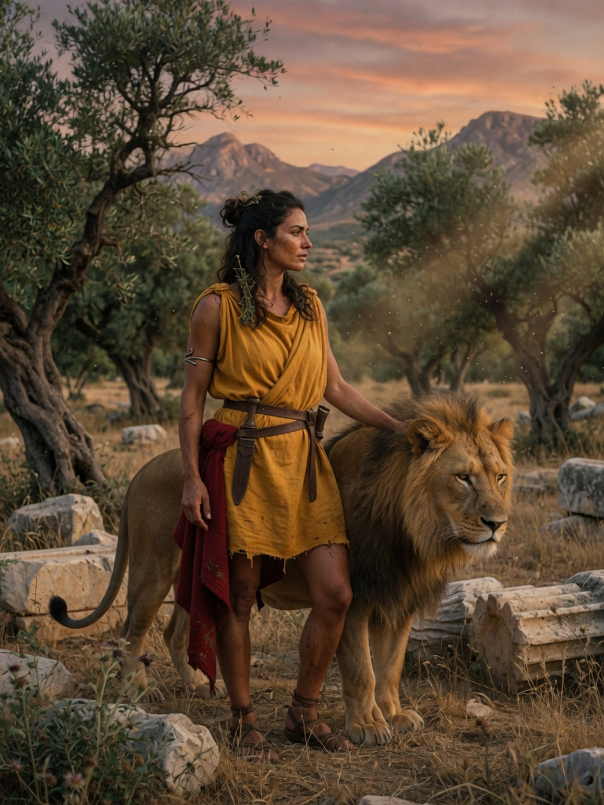 Cyrene, a Greek huntress nymph, standing in a dark Libyan grove with a lion at her side and bronze-gold light on ancient stone.
