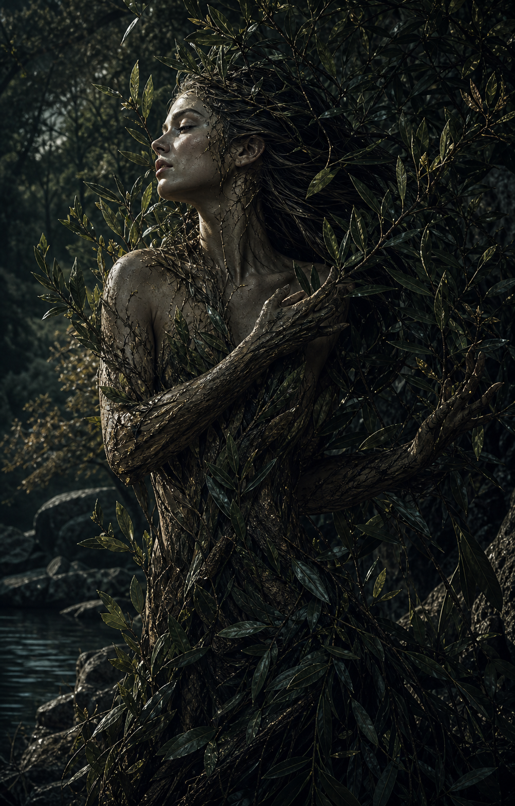 Daphne shown in a dark laurel grove as leaves and bark rise around her in a solemn mythic transformation.