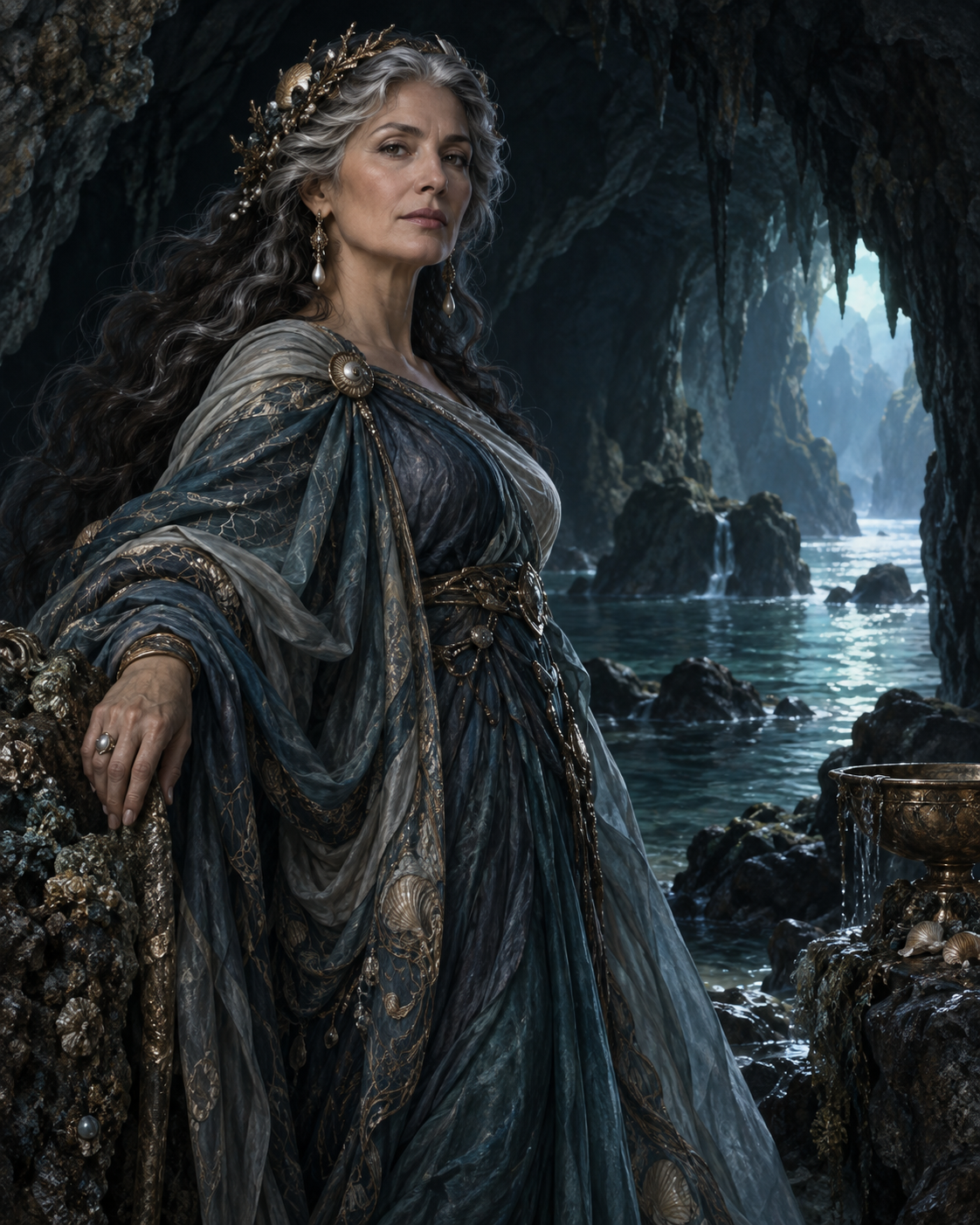 Doris, mature Oceanid mother of the Nereids, dignified older woman with silver-streaked hair beside a deep sea cave.