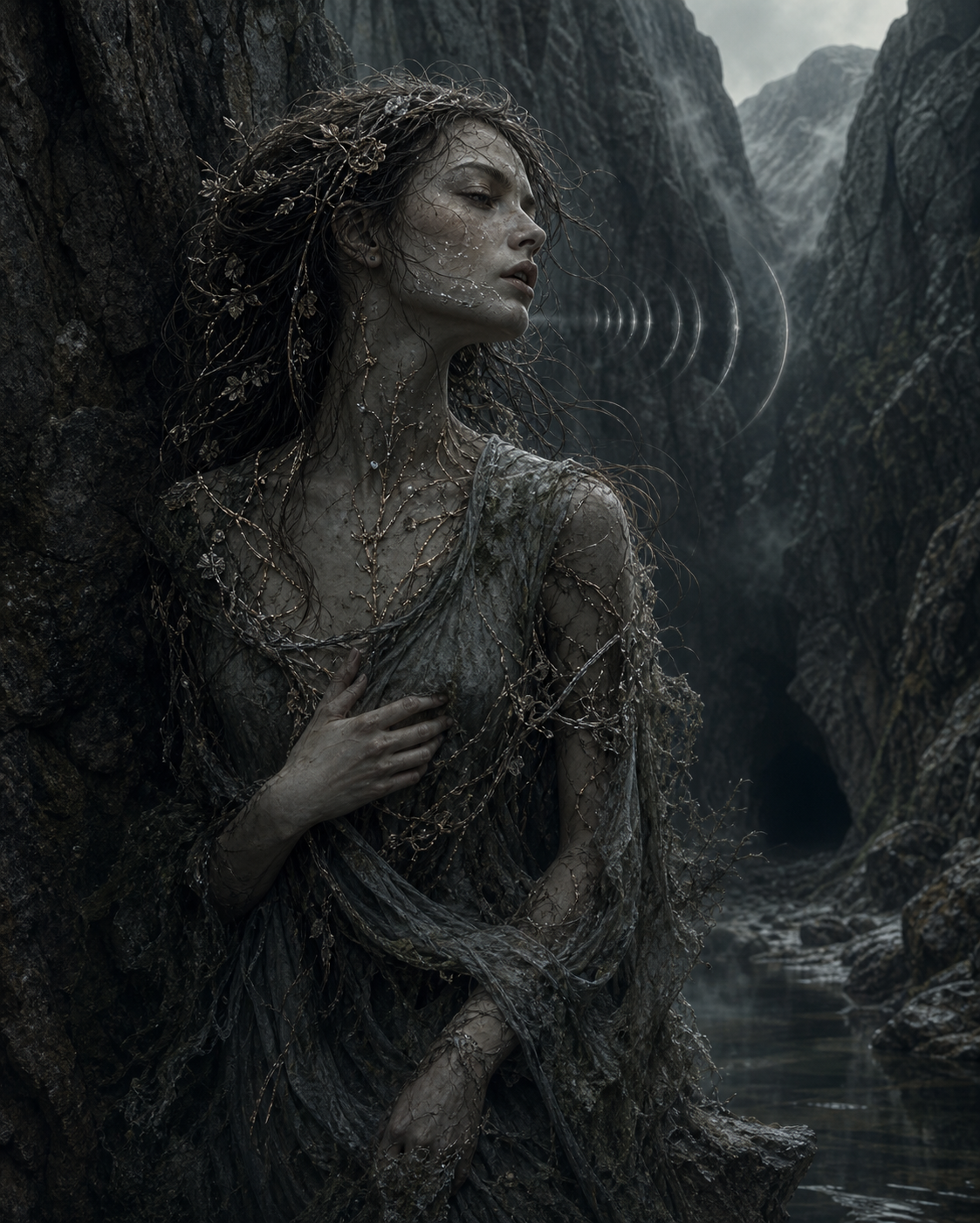 Echo, a mountain nymph, fading into dark stone and mist while distant sound ripples through a ravine.