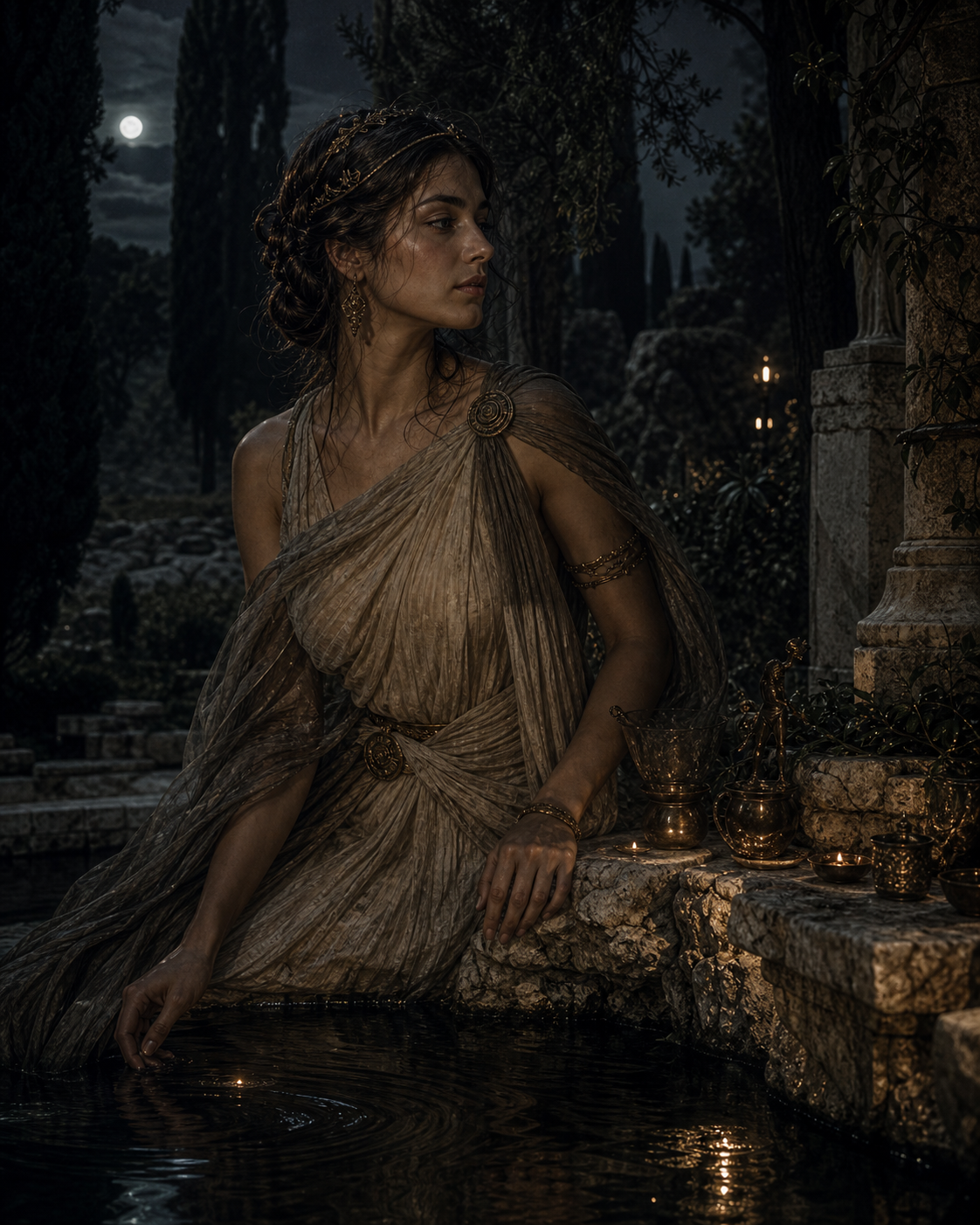Egeria beside a sacred Roman spring at night, with dark water, votive bronze, and cypress shadows.