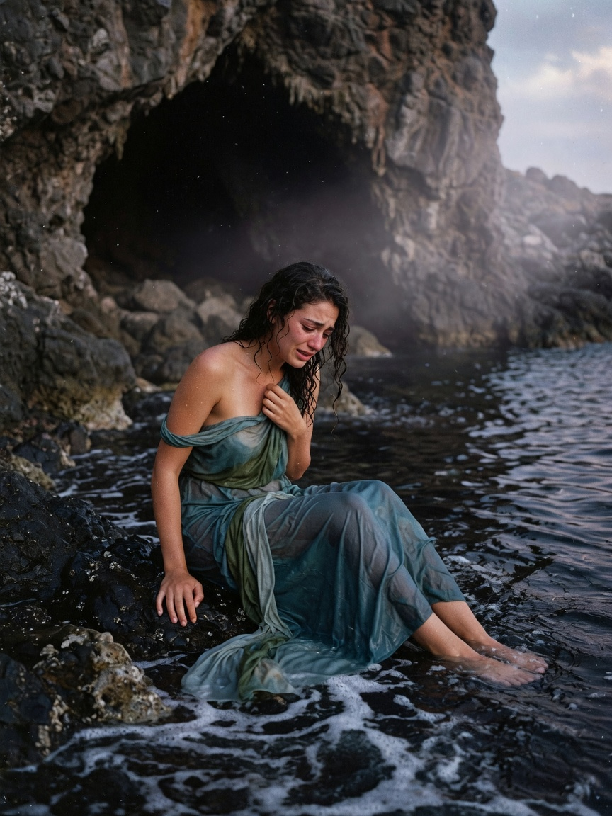 Galatea, a sea nymph, grieving beside dark Sicilian water as marble-light foam curls around coastal stone and cave shadow.