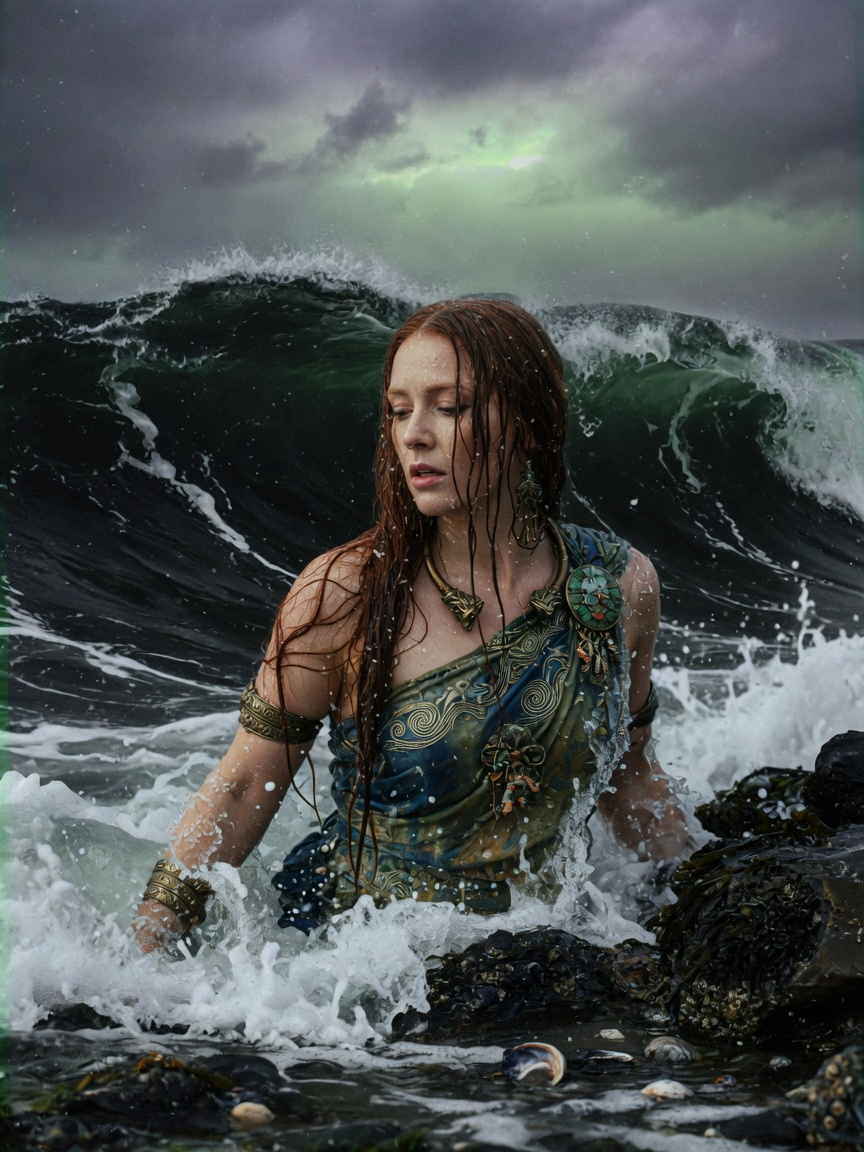 Hefring, a Norse wave-maiden, rising from a towering swell under storm light, her form braided with foam and dark seawater.