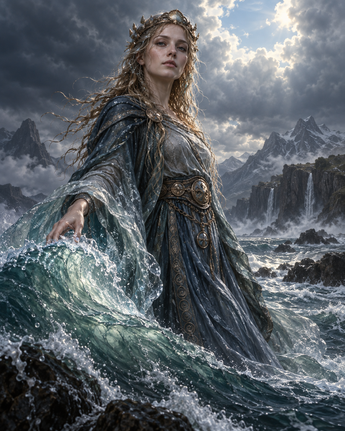 Himinglaeva, Norse wave-maiden beneath a clear opening in storm clouds, translucent wave crest catching pale sky light.