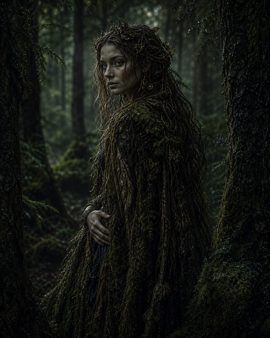 A restrained dark portrait of Huldra in a northern forest, with pine shadows, moss, and antique copper details.