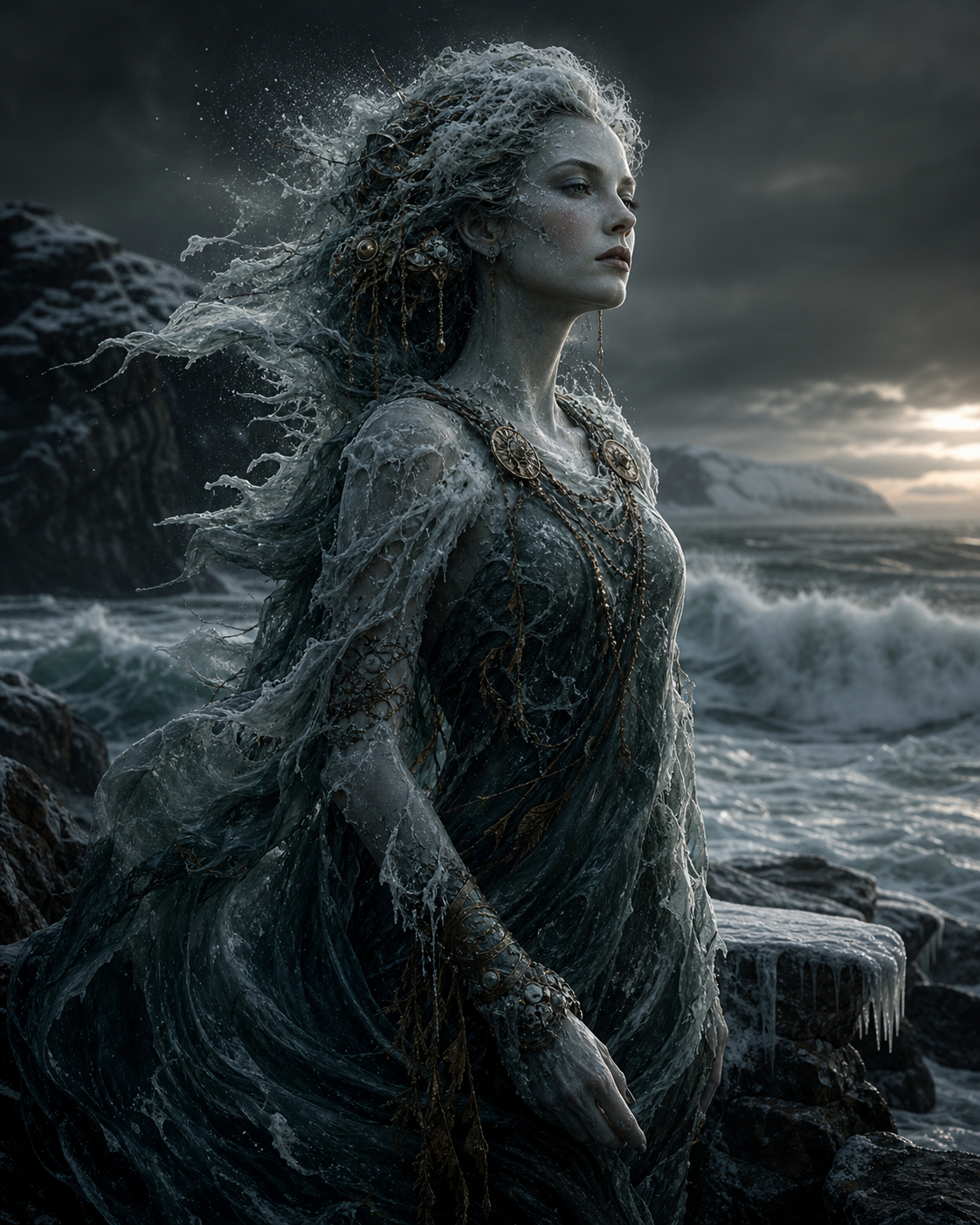Kolga, a Norse wave-maiden, shown as a severe figure formed from black water, ice spray, and oxidized bronze light.
