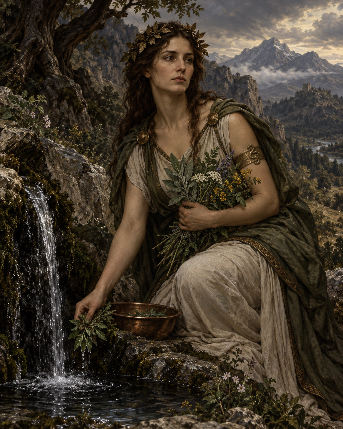 Oenone, healer nymph of Mount Ida, holding medicinal herbs beside a mountain spring, sober thoughtful face.