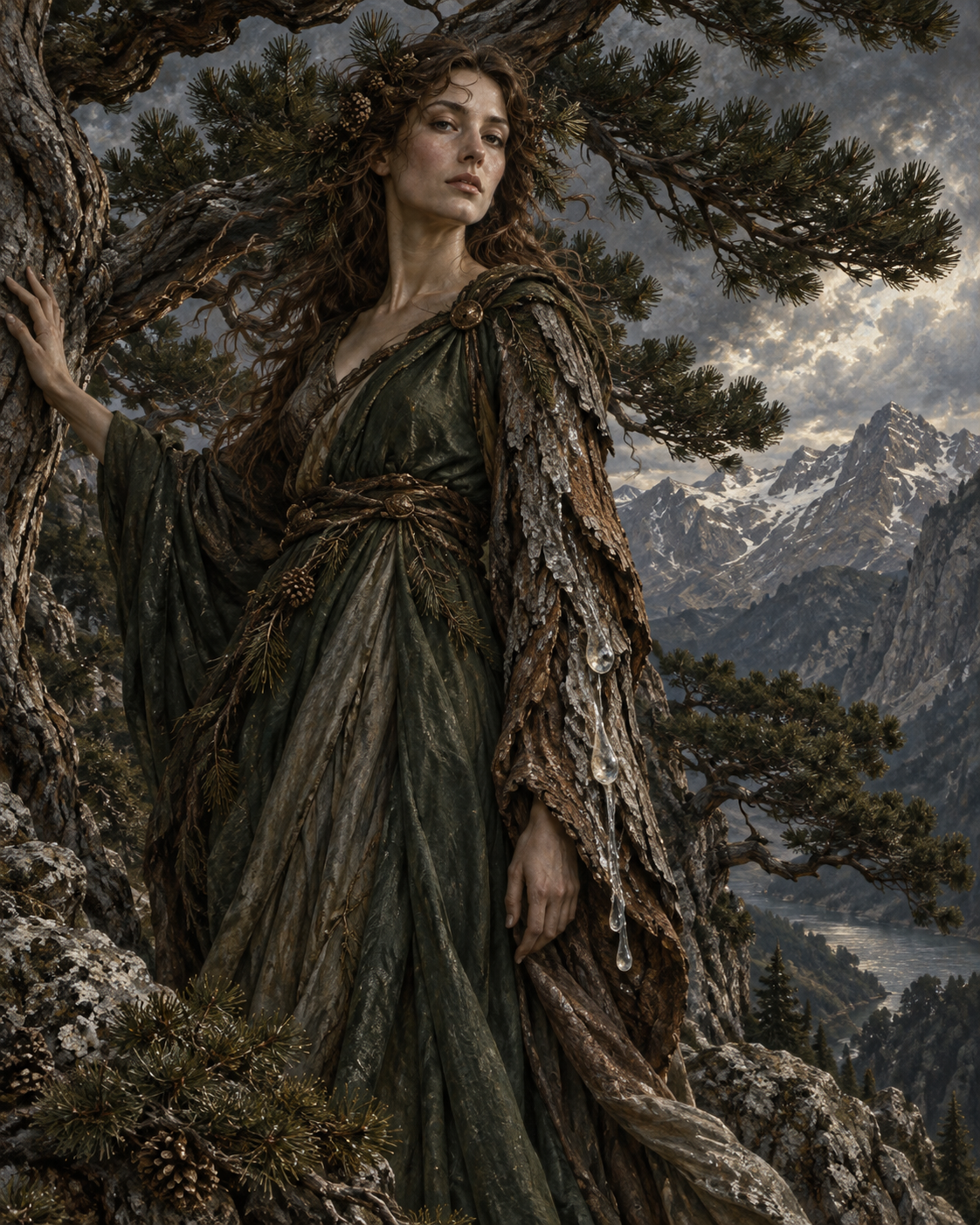 Pitys, pine-tree nymph standing among wind-bent mountain pines, bark becoming her draped sleeve, silver resin.