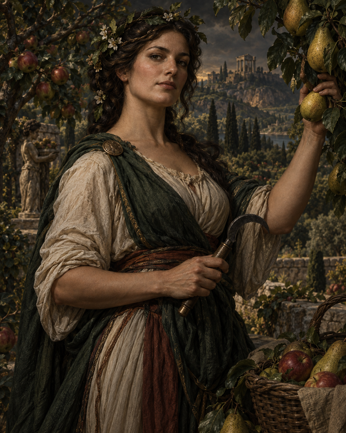 Pomona, Roman orchard nymph tending fruit trees with a small pruning hook, ripe pears and apples, strong working hands.