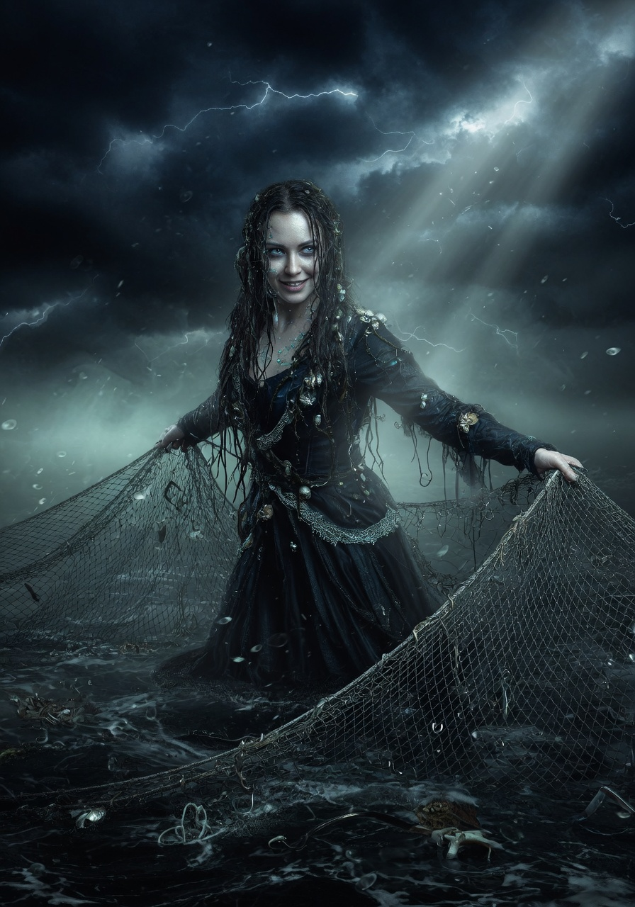 Ran, the Norse sea goddess, standing in black water with her net spread wide under a storm sky.