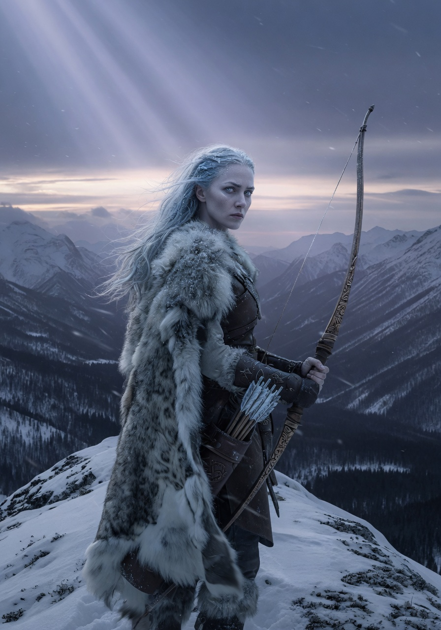 Skadi, the Norse giantess of winter, poised with bow on a high snow ridge under pale northern light.