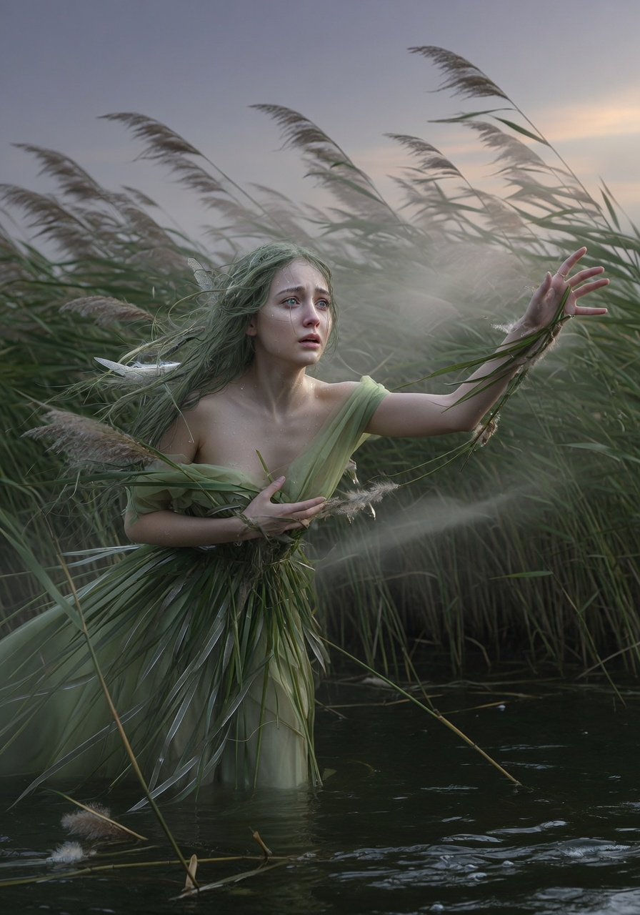 Syrinx, the Arcadian nymph, dissolving into tall reeds at the edge of a dark river while Pan reaches toward her.